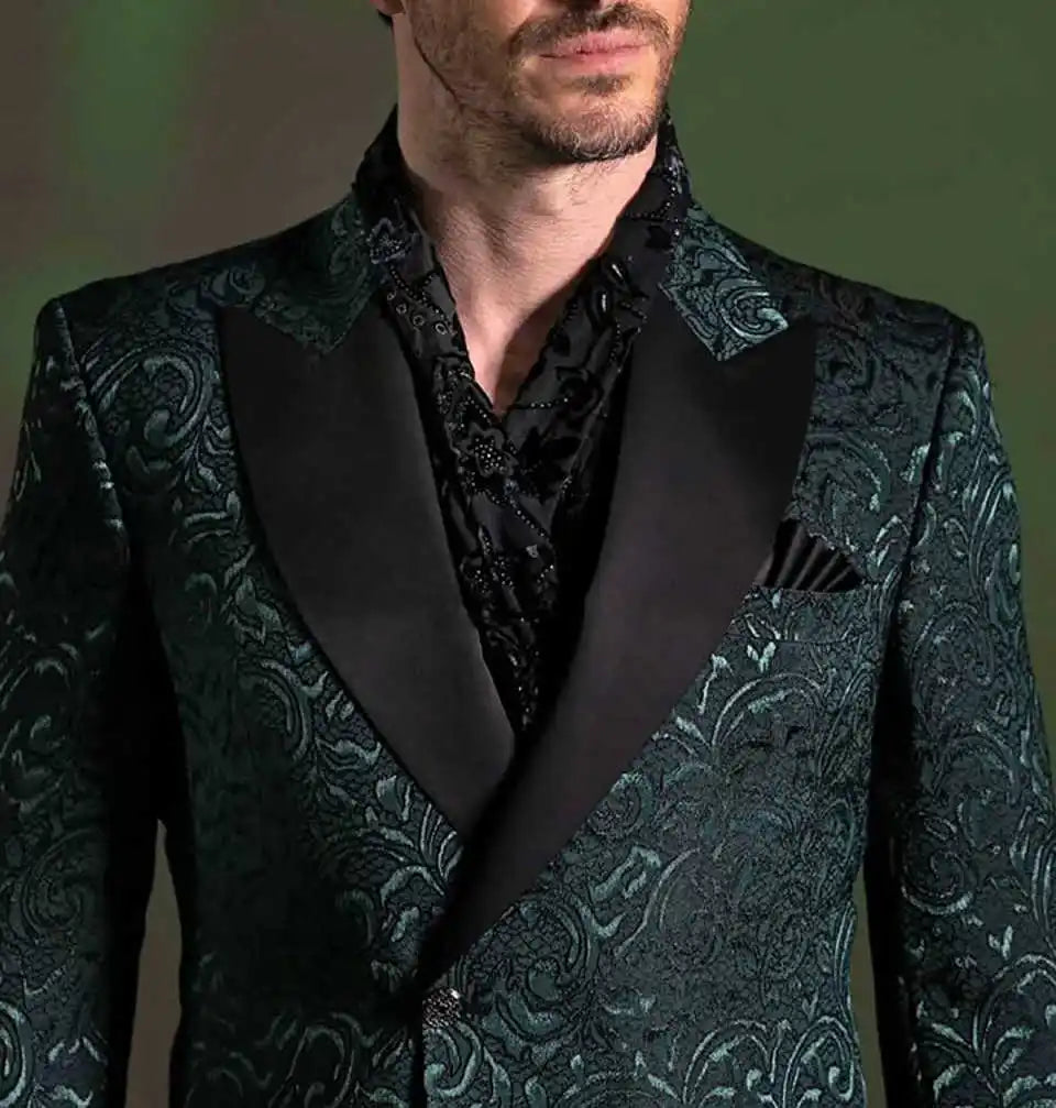 Elegant Jacquard Men's Suits 2 Pieces Blazer Pants Peaked Velvet Lapel One Button Wedding Slim Fit Custom Made Plus Size