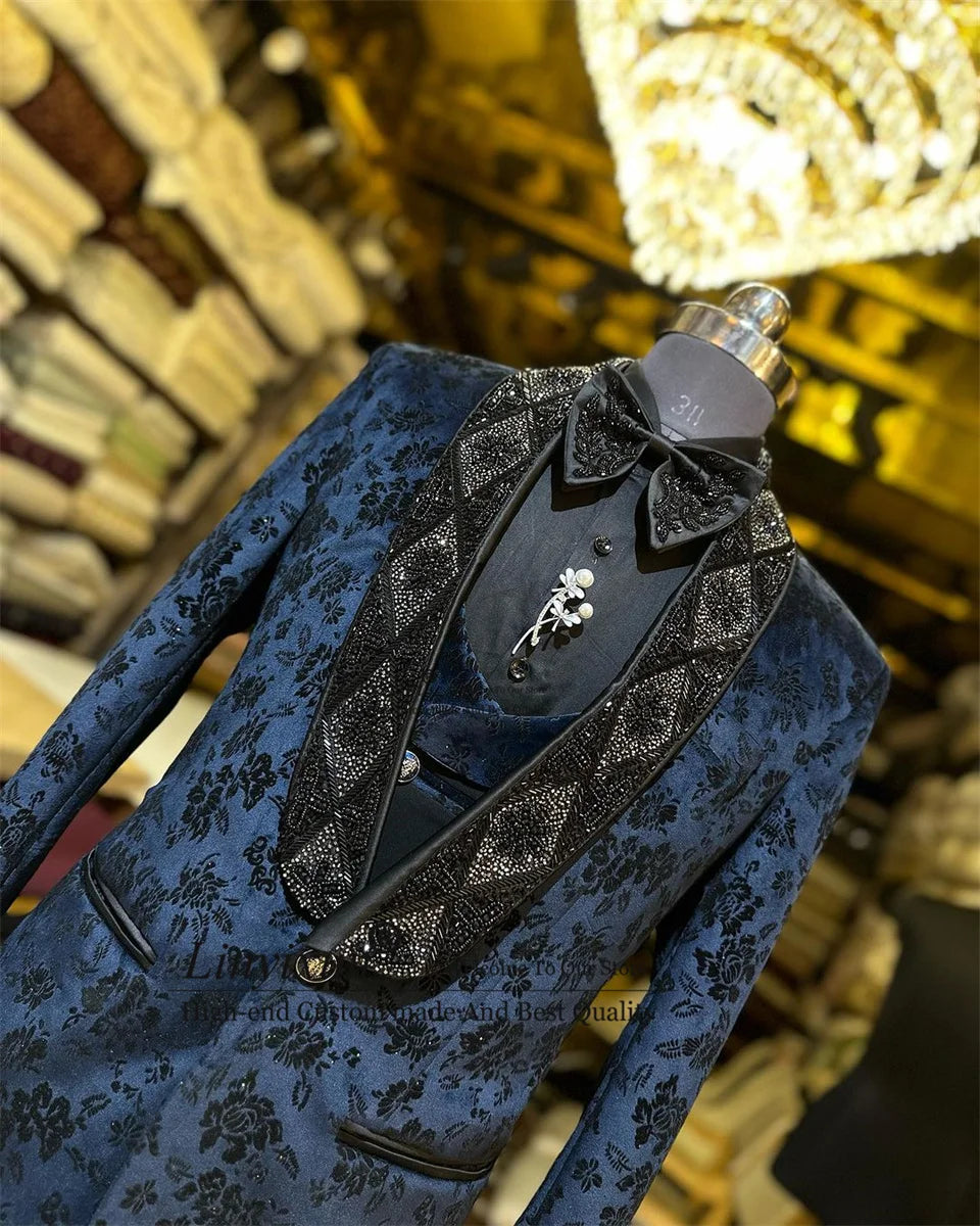 Stylish Luxury Blue Floral Embroidered Men's Tuxedo Set with Shawl Lapel – Perfect for Weddings, Parties, and Prom Events