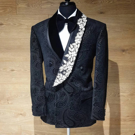 Men's Suit Tailor-Made 2 Pieces Set Coat Appliques Vintage Shawl Lapel Blazer Formal Occasion Customized Jacket Black Pants