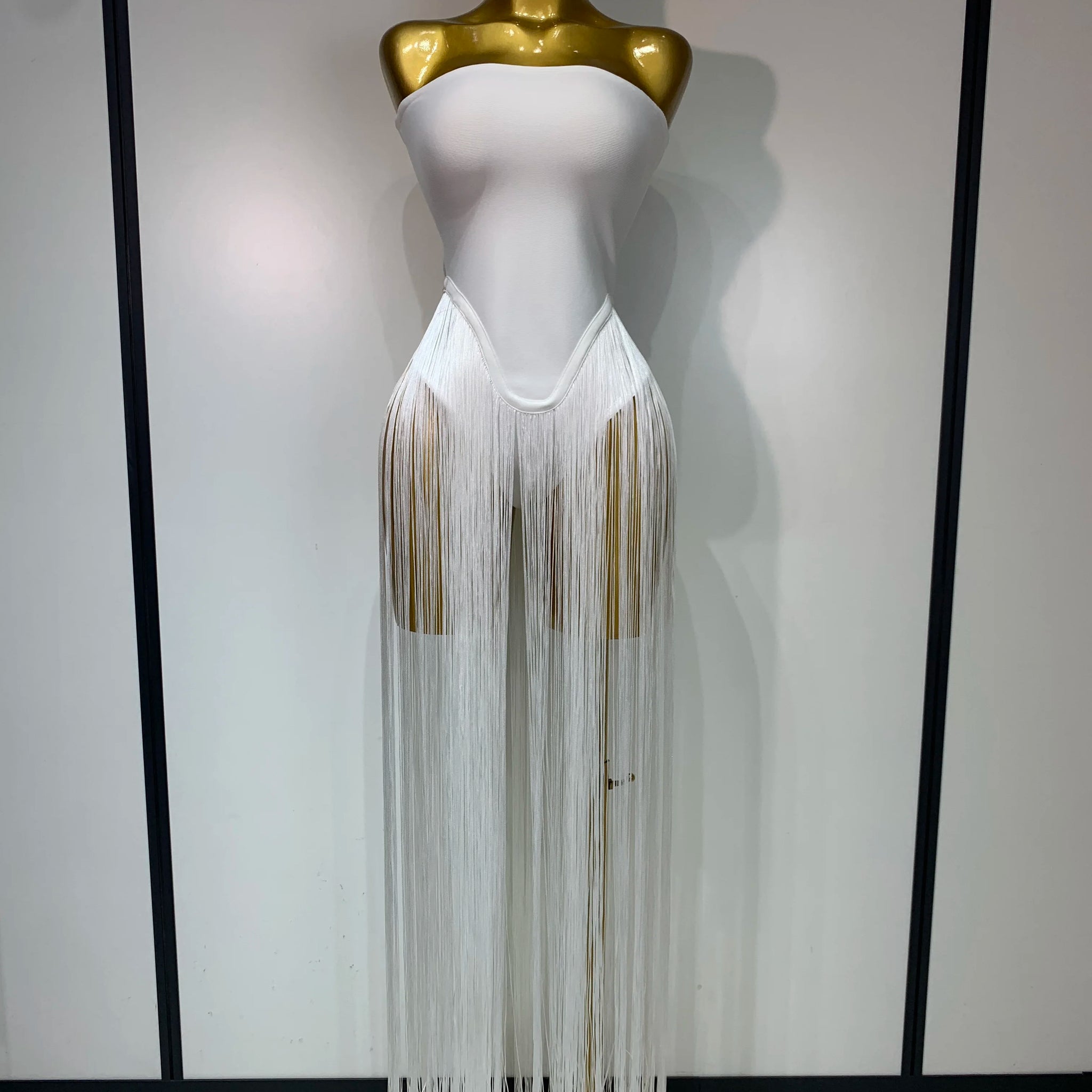 Women Sexy White Elegant Strapless Long Tassels Bandage Bodysuit Evening Party Luxury Birthdy Nightclub Singer Stage Outfit