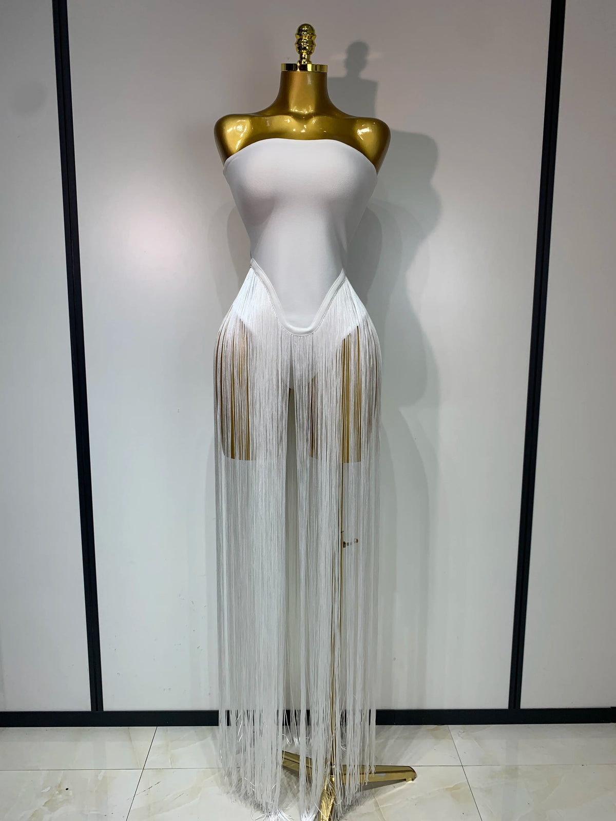 Design Long Tassel Patchwork Strapless Bandage Bodysuit Women Sexy High Street Evening Party Nightclub Hotwife Outfit