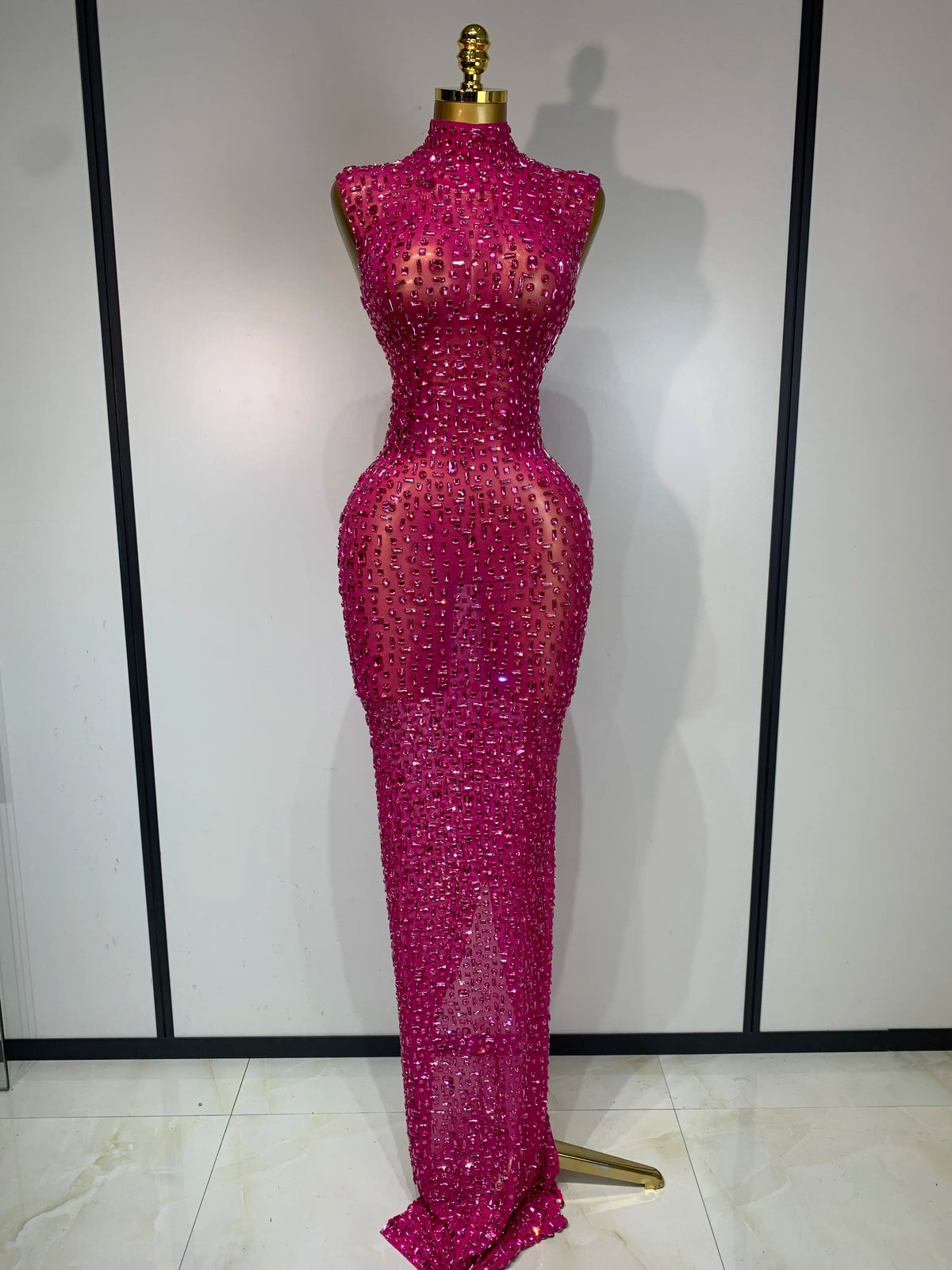 Sparkly Gold Rhinestone Sleeveless Stretch Long Dress Women Sexy Mesh Celebrate Evening Prom Birthday Dress Photo Shoot Wear