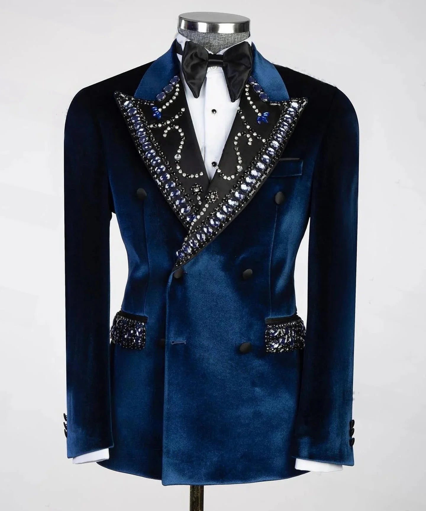Retro Men's Suit Rhinestone Beaded Blazer Velvet One Piece Peaked Lapel Double Breasted Outfits Coat Customized Only Jacket