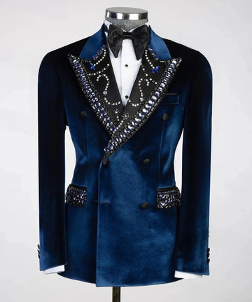 Retro Men's Suit Rhinestone Beaded Blazer Velvet One Piece Peaked Lapel Double Breasted Outfits Coat Customized Only Jacket
