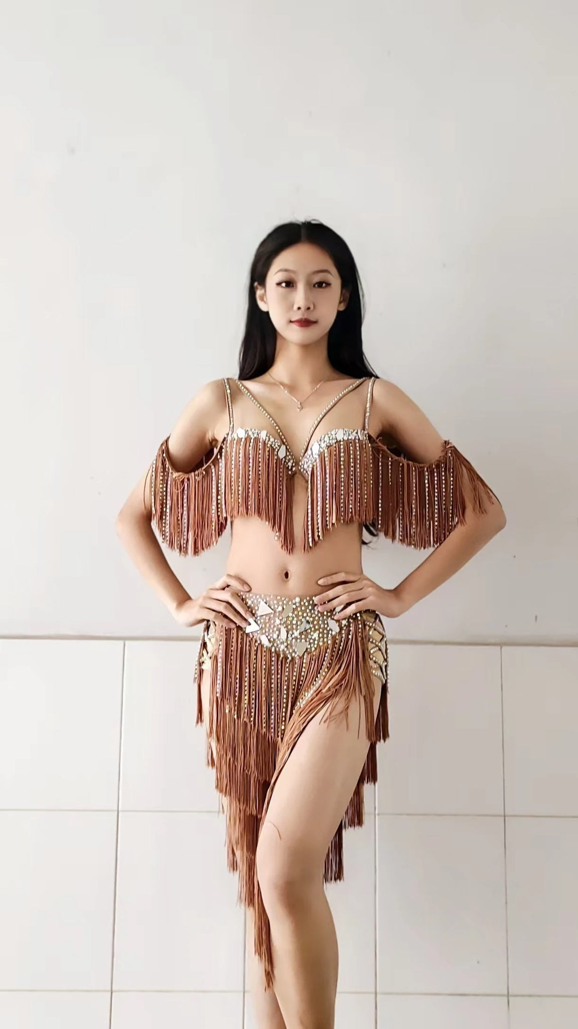 Belly Dance Competition Women's High-end Custom Lenses Multi-layer Tassel Cha Samba Performance Rhinestone Dress