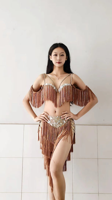 Belly Dance Competition Women's High-end Custom Lenses Multi-layer Tassel Cha Samba Performance Rhinestone Dress