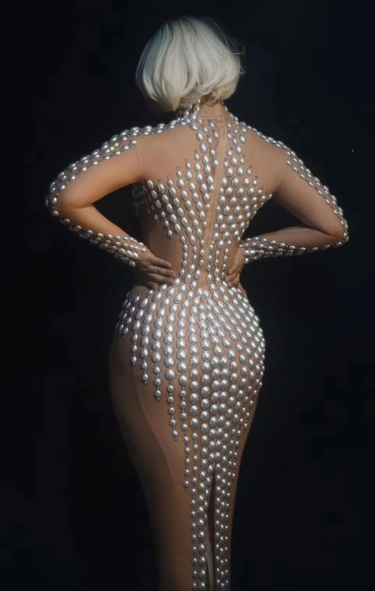 Fashionable Large Pearl Long Dress Wedding Party Birthday Nightclub Sexy Mesh Female Dancer Singer Celebrity Festival Clothing
