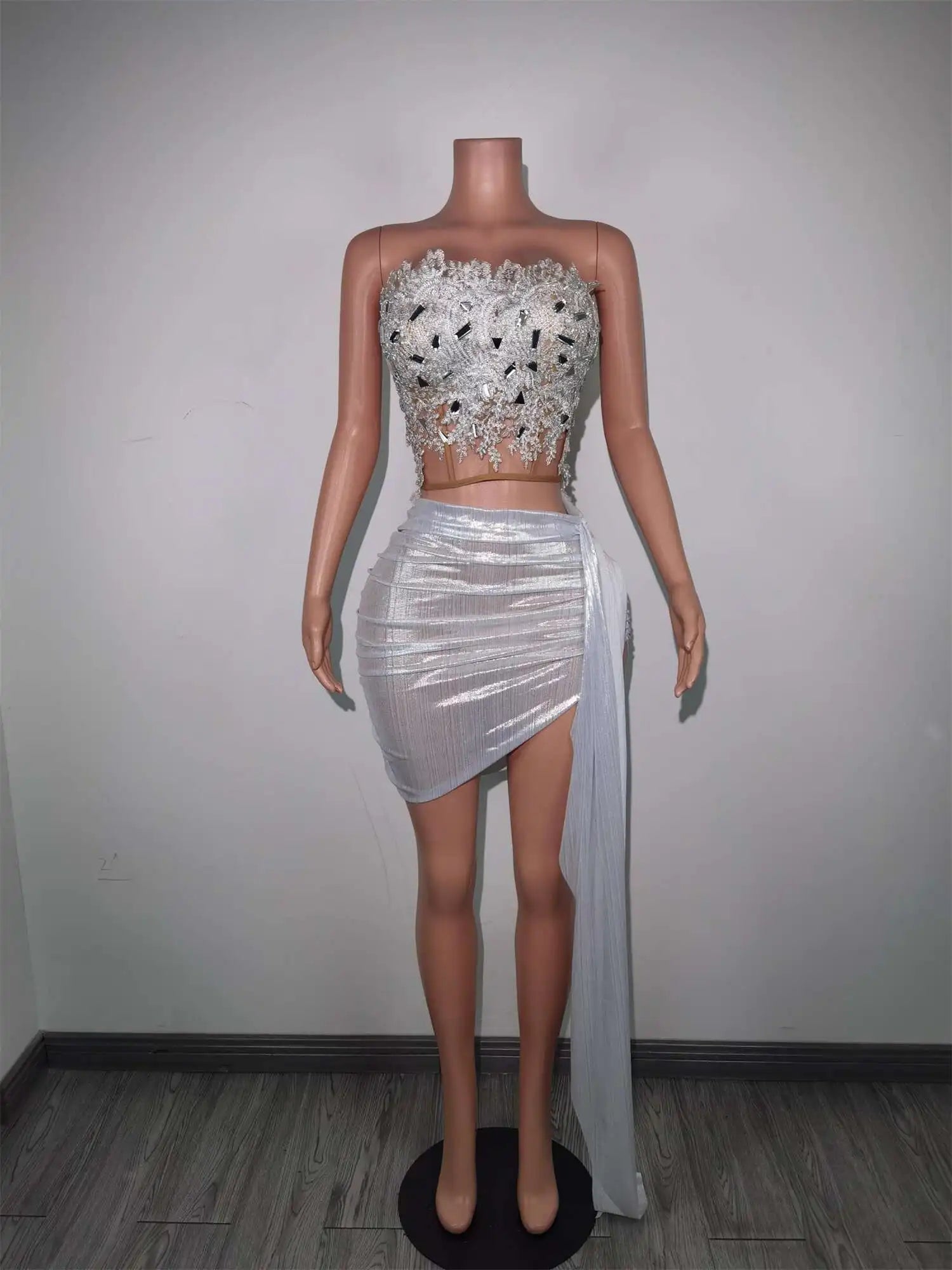 Women Dress White Backless 2-Pieces Set Outfit Lace Prom Party Birthday Dance Stage Performance Drag Queen Costumes