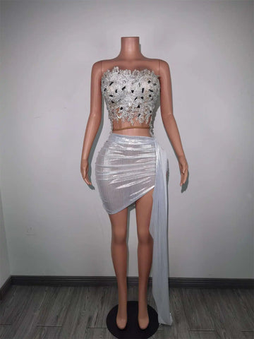 Women Dress White Backless 2-Pieces Set Outfit Lace Prom Party Birthday Dance Stage Performance Drag Queen Costumes