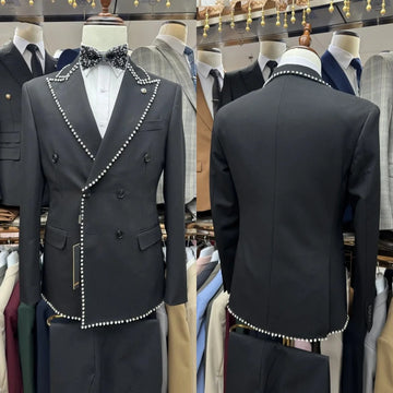 Fashion Men's Suit Peaked Lapel Jacket Rhinestone Tailor-Made 2 Pieces Set Blazer Double Breasted Customized Coat Pants