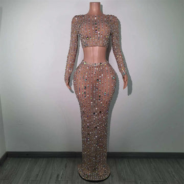 Shining Diamonds Prom Gown Pearl Transparent Top Skirt Set Birthday Celebrate Dress Prom Party Costume