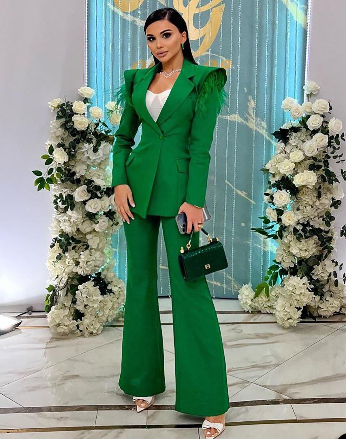 Designer Green Women Pants Suits With Shoulder Pads Long Sleeve Top Straight Slim Blazer Sets High Streetwear 2 Pieces
