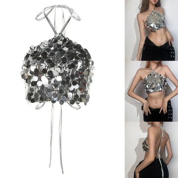 Women Summer Sexy Halter Tie Backless Camisole Glitter Silver Sequins Sleeveless Crop Top Bandeau Vest Clubwear