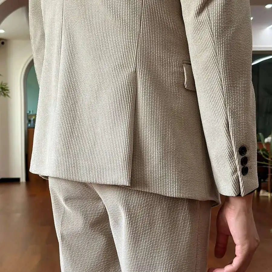 Autumn Thick Corduroy Groom Men Suit Designers Slim Fit Business Casual Double Breasted Suit Set Trend