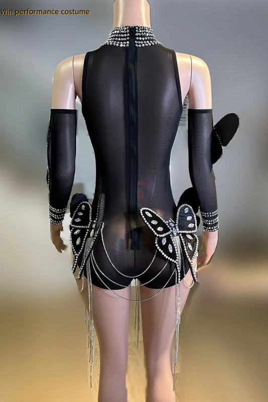 Mesh Tight and Sexy Diamond Chain One-Piece High Fork Fashion Show Party Nightclub Bar Performance Costume