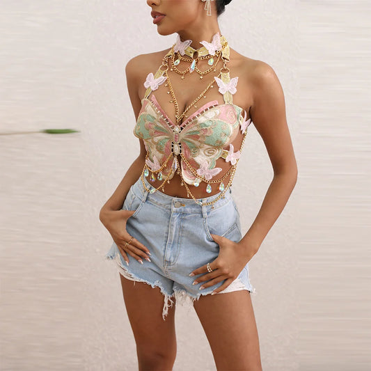 Sexy Embroidered Butterfly Crop Top Pink Halter Neck Backless Women Vestido with Choker Draped Metal Chain Crystal Pendant