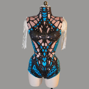 Sexy High Neck Sleeveless Bodysuit Blue Patterns Shiny Sequins Silver Tassels Costume Party Show Performance Drag Queen Outfit