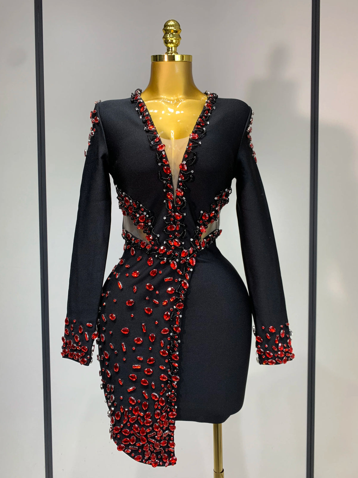 Luxury Birthday Women Celebrity Sexy Long Sleeve V Neck Rhinestone Black Bandage Dress Elegant Evening Club Party Dresses