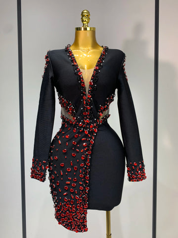 Luxury Birthday Women Celebrity Sexy Long Sleeve V Neck Rhinestone Black Bandage Dress Elegant Evening Club Party Dresses