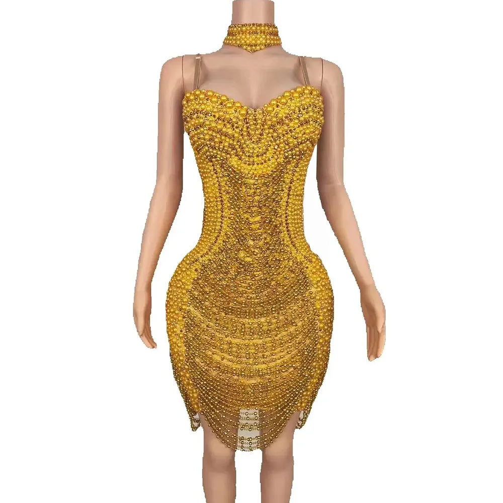 Women Sexy Sparkly Luxury Gold Pearls Slip Dress Birthday Party Festival Celebrate Rhinestone Evening Dress Night Prom Outfit