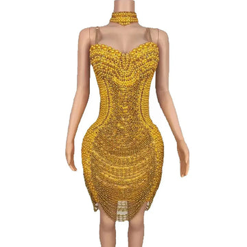 Women Sexy Sparkly Luxury Gold Pearls Slip Dress Birthday Party Festival Celebrate Rhinestone Evening Dress Night Prom Outfit