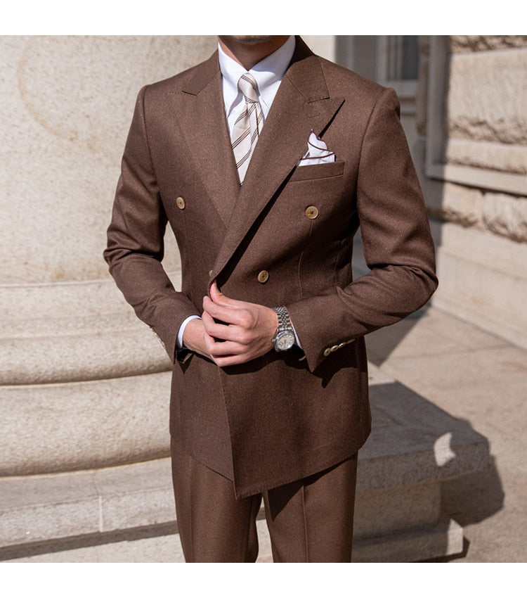 Trajes formales casuales de doble botonadura, 2 piezas, trajes de negocios sencillos de lujo para hombre, traje ajustado de color liso para hombre 