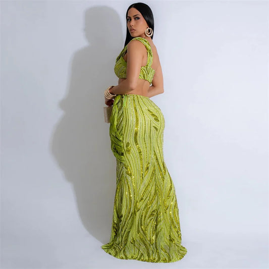 Conjuntos de dos piezas sexis ajustados con lentejuelas para fiesta, top corto sin mangas de un hombro, falda larga de cintura alta, trajes para discoteca 