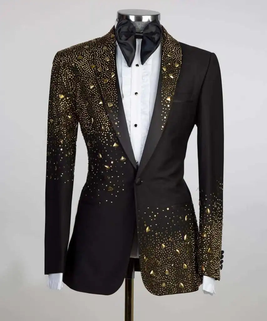 2 Piece Mens Suit Slim Fit Tailor-Made Handmade Beads Diamond Suit Jacket Pants Customized Wedding Formal Occasions Groom Tuxedo