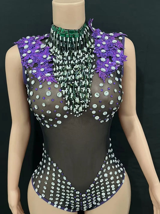 Vestido negro sexy de malla, vestido morado de gran altura, fiesta de cumpleaños, DJ de lujo con borlas y diamantes de imitación.