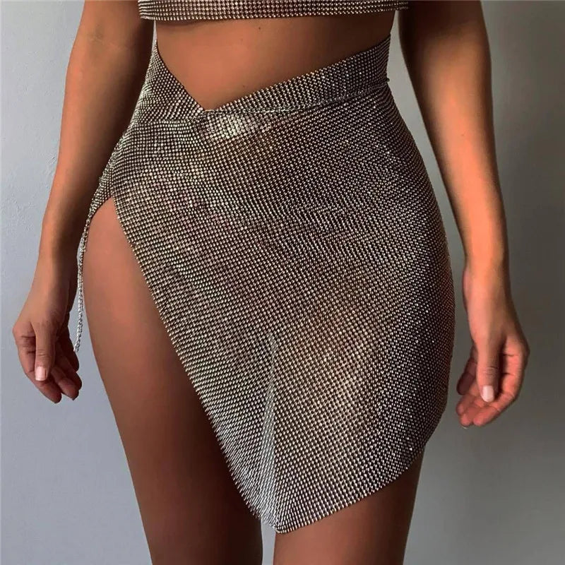 Glitter Rhinestone Metal Chain Mini Skirt for Women Sexy Side Slit See Through Party Skirt Rave Festival Outfits