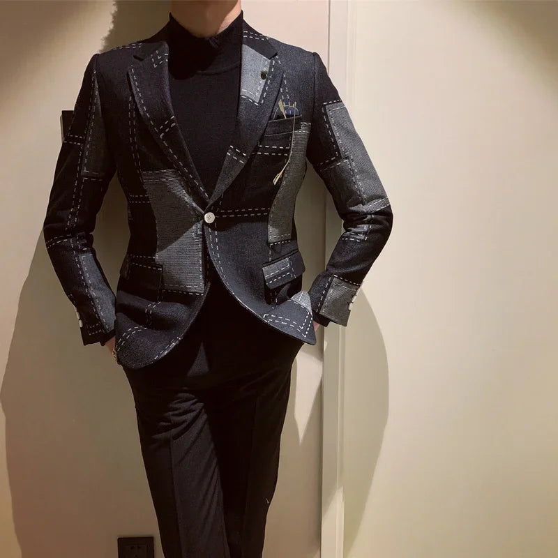 Traje informal vintage de dos piezas con estampado geométrico de patchwork para hombre, chaqueta a cuadros de primavera, blazer elegante para hombre 