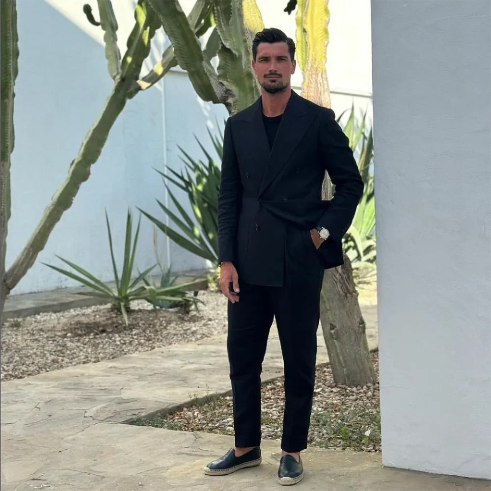 Costume croisé noir à revers pointus pour hommes, coupe ajustée, mode formelle, chic, décontracté, 2 pièces, costume de smoking pour bal de promo, fête, mariage