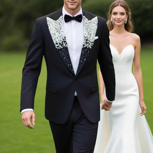 Customized Fashion Beaded Crystals Men Suits 2 Pieces Set Groom Wedding Tuxedos Shawl Lapel Male Luxury Prom Blazers Ropa Hombre