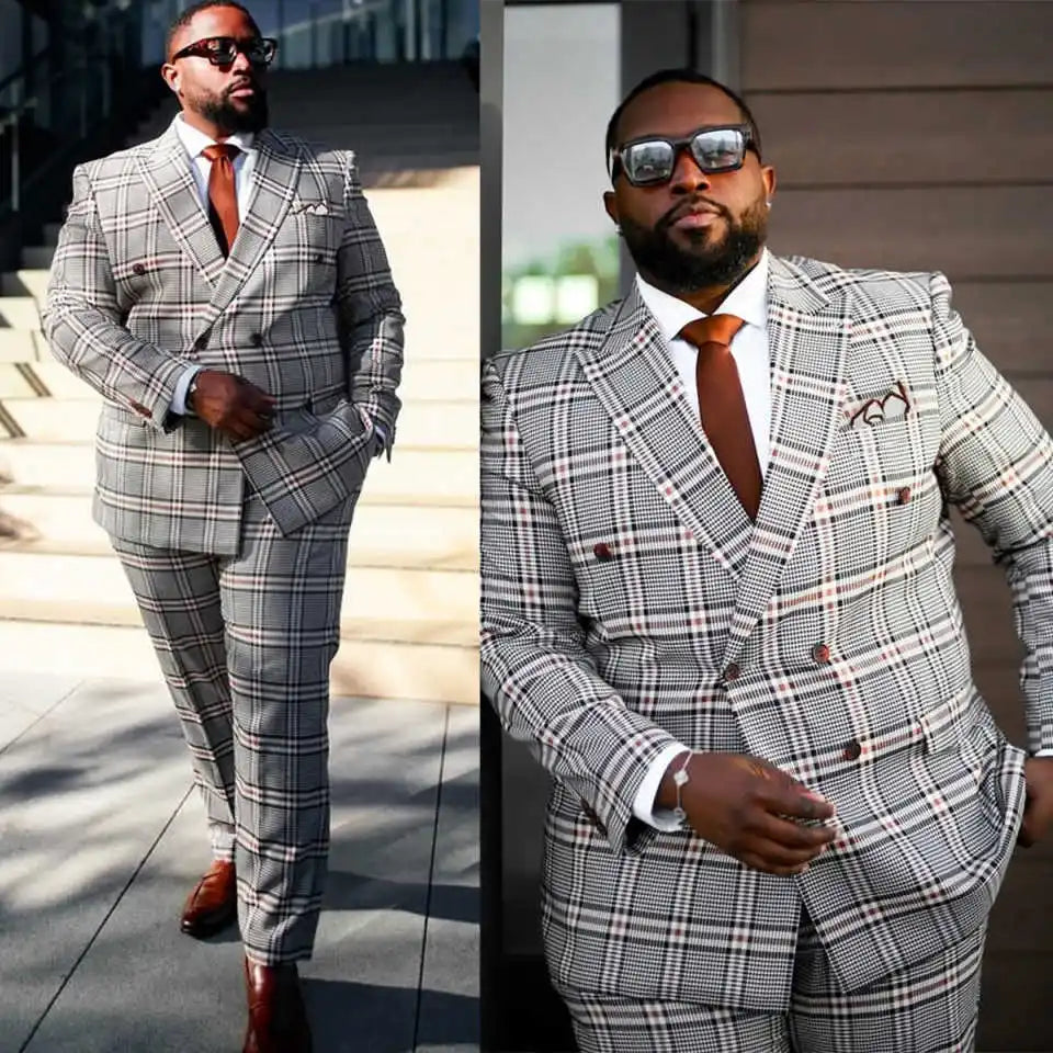 Plus Size Plaid Wedding Tuxedos 2 Piece Set Jacket Pants Double Breasted Men Suit Fashion Groom Wear Party Suits Customized