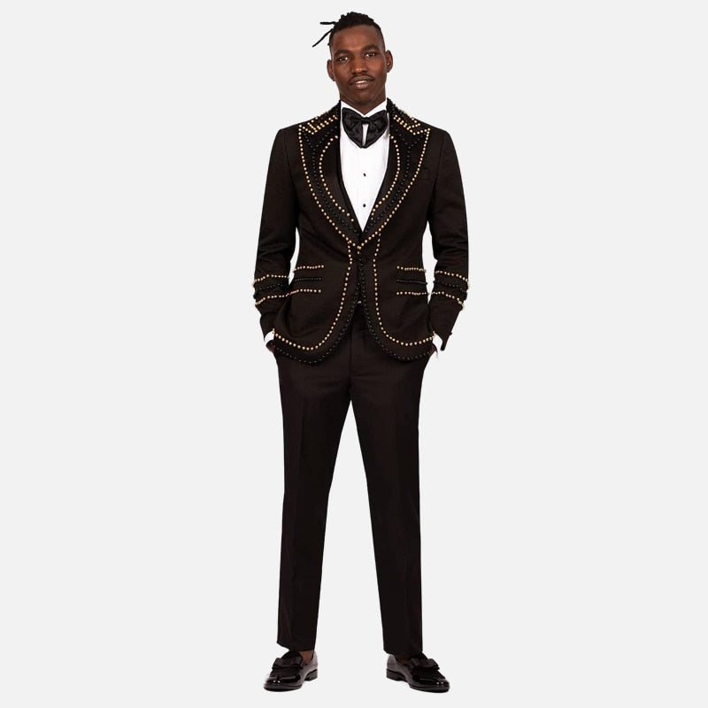Luxury Wedding Tuxedo Black Formal Groom Men Suits Gold Crystals Business Wear Blazer Vest Pants Tailored Made Prom Party Suit