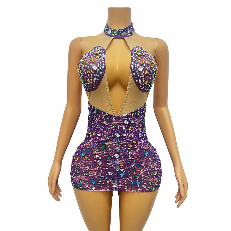 Colorful Rhinestones Party Dress Drag Queen Costume Sexy Halter Cutout Pole Dance Dress Women Gogo Dance Evening Wear
