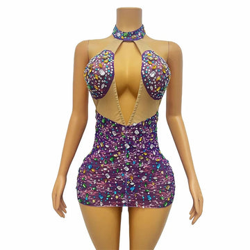 Colorful Rhinestones Party Dress Drag Queen Costume Sexy Halter Cutout Pole Dance Dress Women Gogo Dance Evening Wear