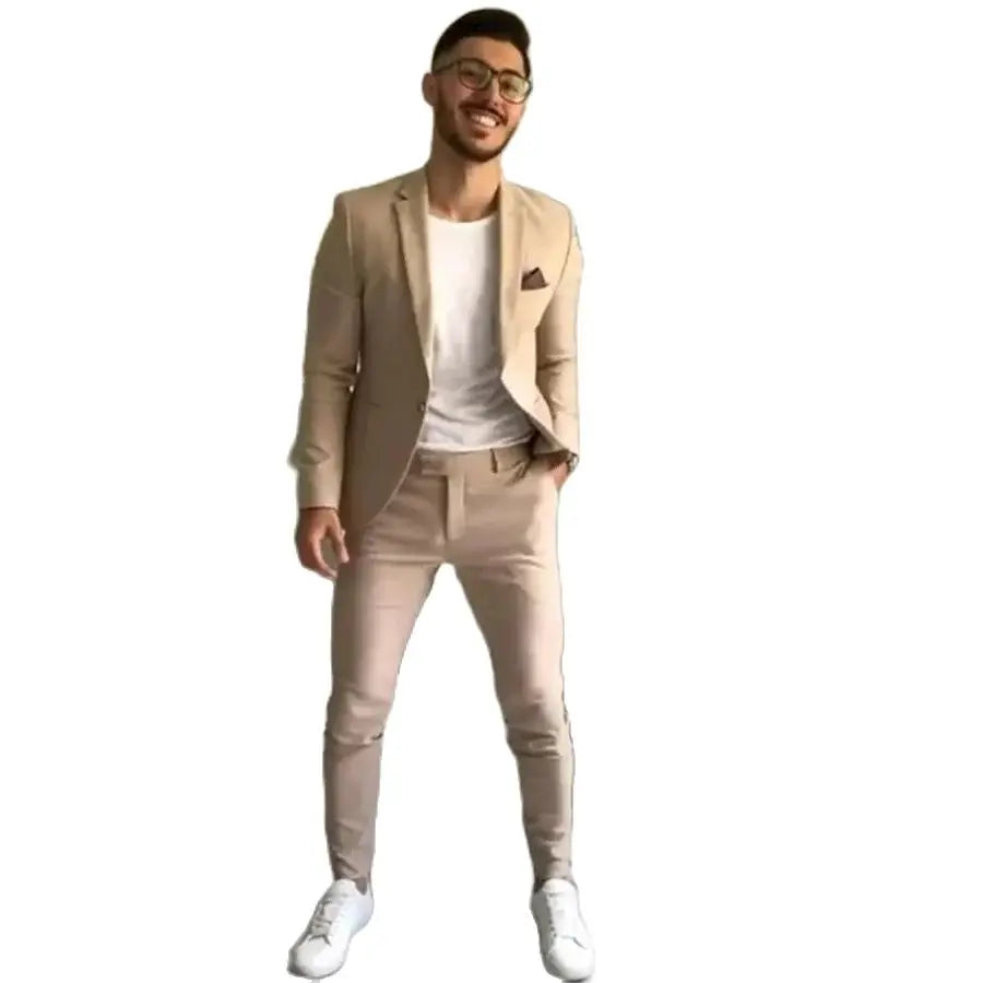 Khaki Blazer Suits for Men Single Breasted Notched Lapel Terno Casual Full Set Business 2 Piece Jacket Pants Slim Fit