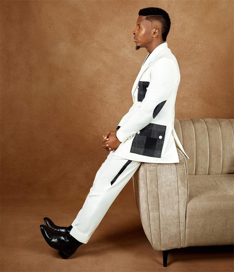 Ensemble de costumes pour hommes, smoking de mariage blanc 2 pièces, blazer et pantalon avec poches à carreaux, robe de bal tendance, manteau masculin sur mesure 