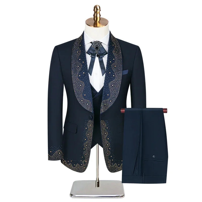Luxury Wedding Suit for Fashion Men Beaded Slim Fit Groom Tuxedo Gentleman Party Suit 3 Pieces (Jacket+Pants+Vest)