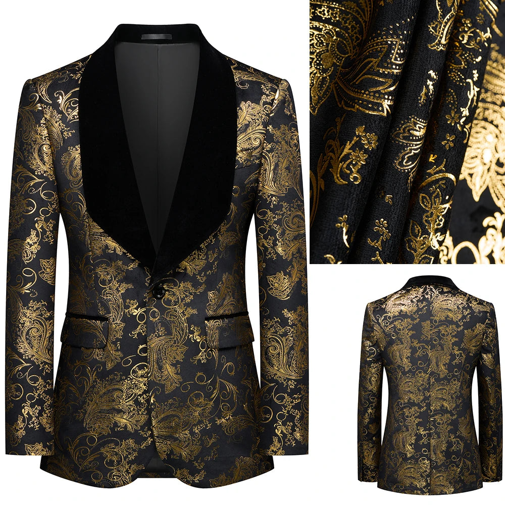 Vintage Men Suits 2 Pieces Set Tailor-Made Jacquard Jacket Blazer One Button Groom Customized Coat Black Pants