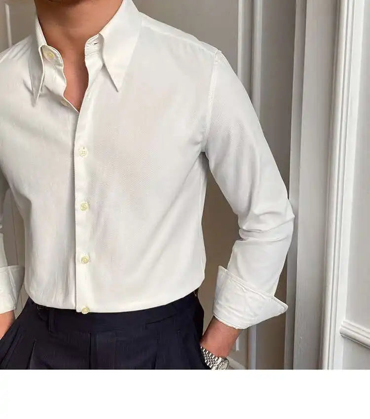 Leisure British Business Shirt Design British Men Cuba Collar Slim Solid White Shirt Camisa Social Masculina Men Shirt