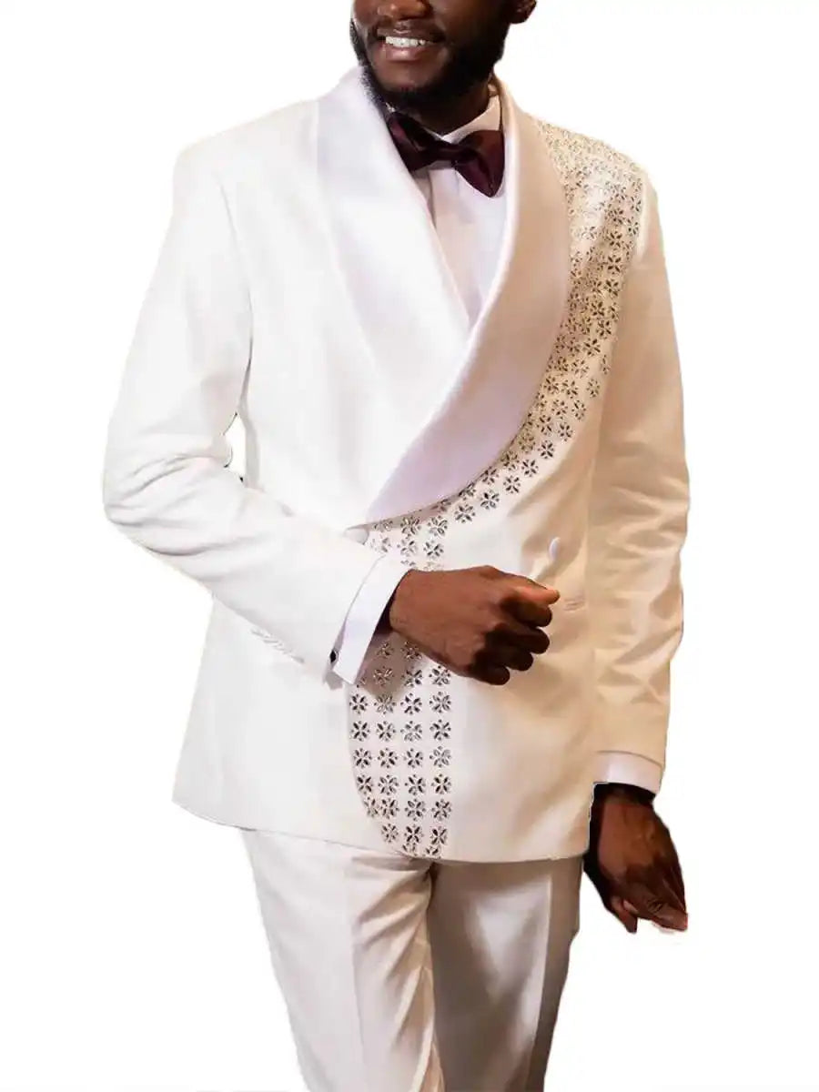 Gorgeous Wedding Tuxedos Beaded Crystal 2 Pcs Men Suit Trim Fit Jacket Pants Evening Groom Male Outfits Customized