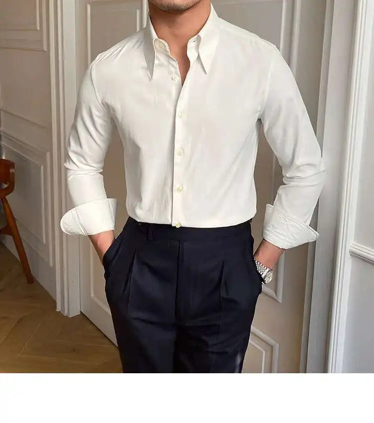 Leisure British Business Shirt Design British Men Cuba Collar Slim Solid White Shirt Camisa Social Masculina Men Shirt