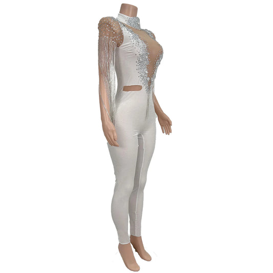 Women Long Sleeved Crystals Tassel Shoulder Pad Jumpsuit Stage Outfit Tight Fitting Sexy Jumpsuit Carnival Party Wear
