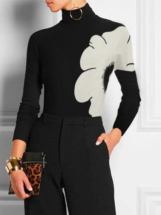 New Women's Two Piece Sets Elegant Floral Printed Long Sleeves High Neck T-shirts & High Waist Straight Leg Pants