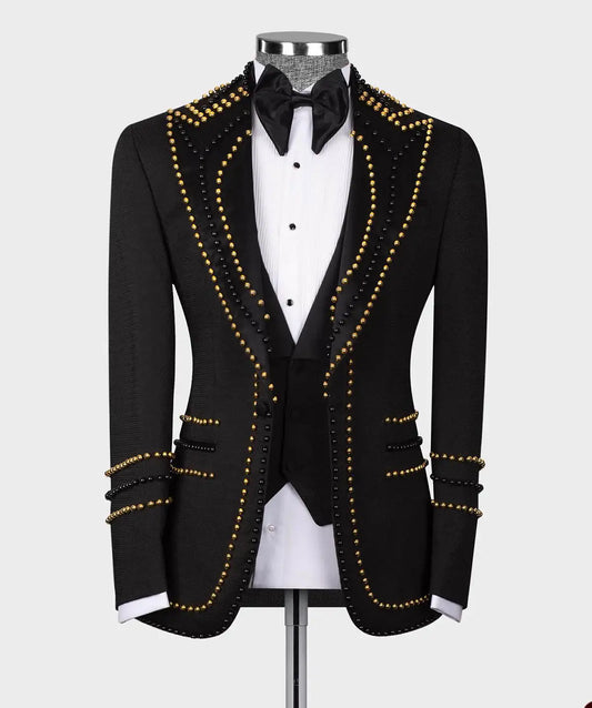 3 Piece Mens Suit Slim Fit Gentlemen Suit Handmade Beads Jacket Vest Pants Customized Wedding Formal Occasions Groom Tuxedo