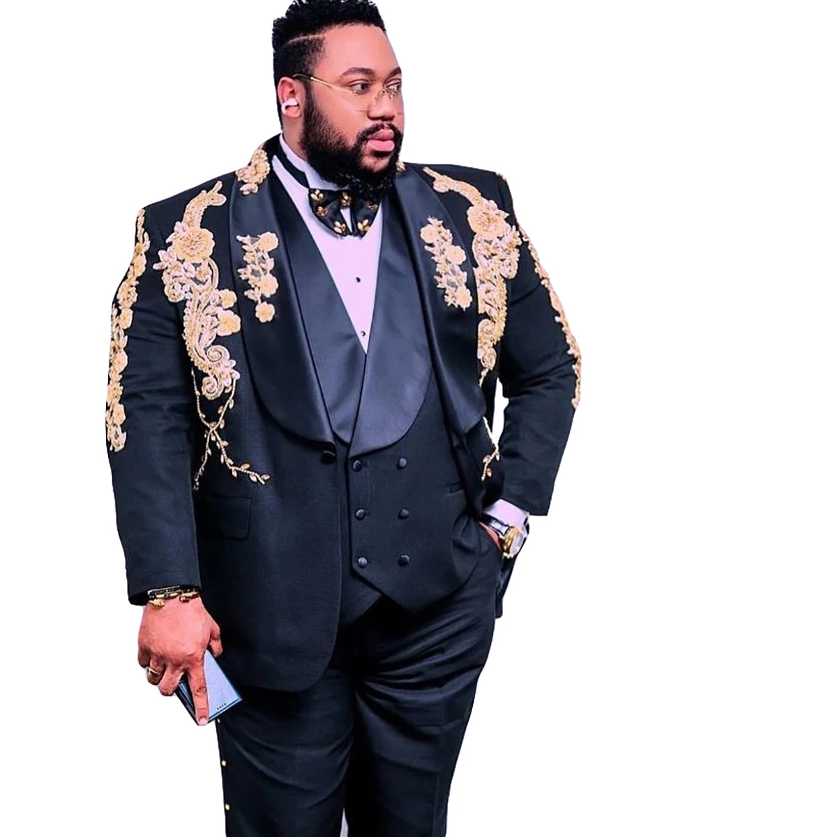 Men Suits Appliques Rhinestone Tailor-Made 3 Pieces Shawl Lapel Jacket Blazer One Button Groom Customized Coat Vest Pants