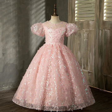 Customized O-neck Simple Elegant Birthday Party Vestidos Puff Sleeve Slim Sequined Prom Dress Ball Gown Princess Robe Flower Gir