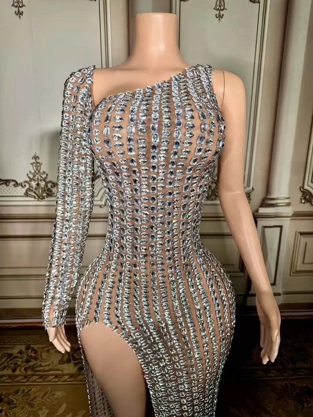 Sexy Pink Mesh Party Dress Hollow Out Sleeveless Prom Gowns Pageant Dinner Night Wear for Women High Slit Performance Costumes